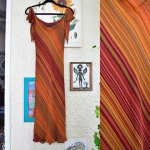90s burnt orange brown mustard striped flowy silk midi dress (S)